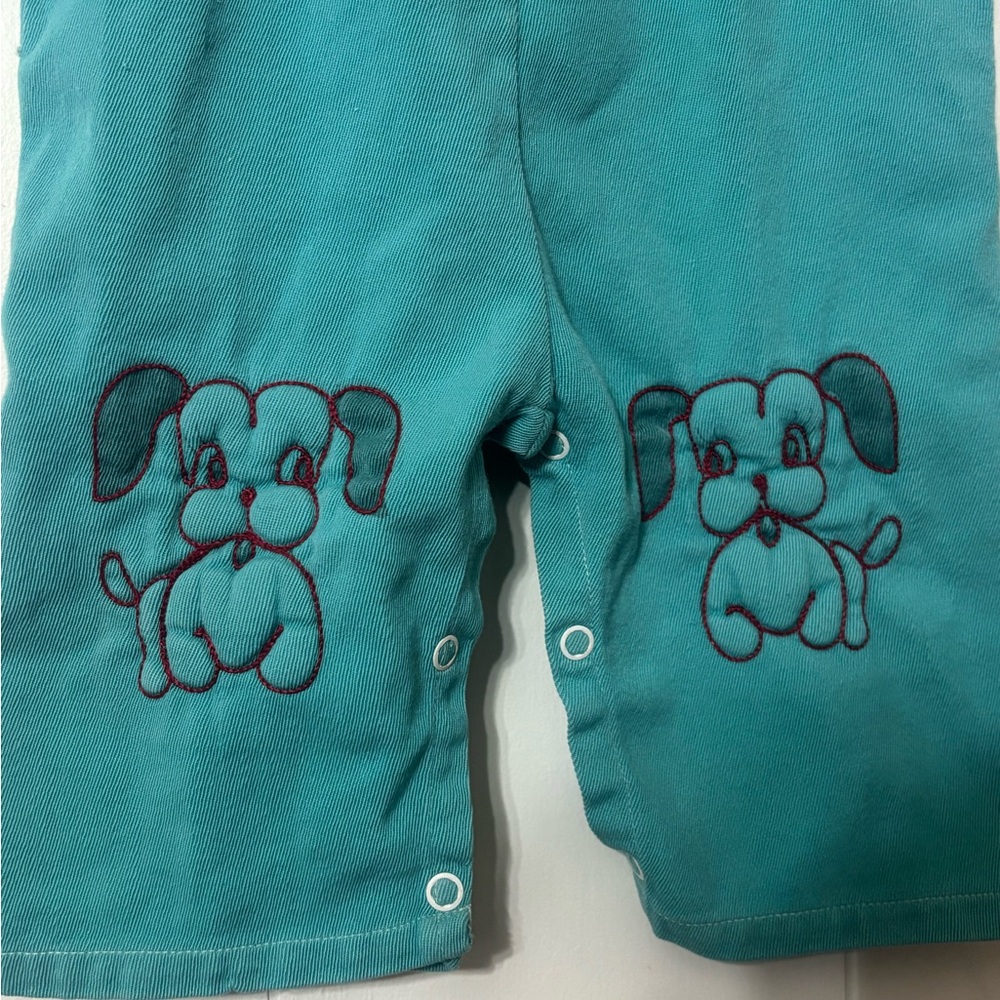 Vintage Teal Kids Overalls with Puppy Embroidery on Knees - Picture 3 of 5